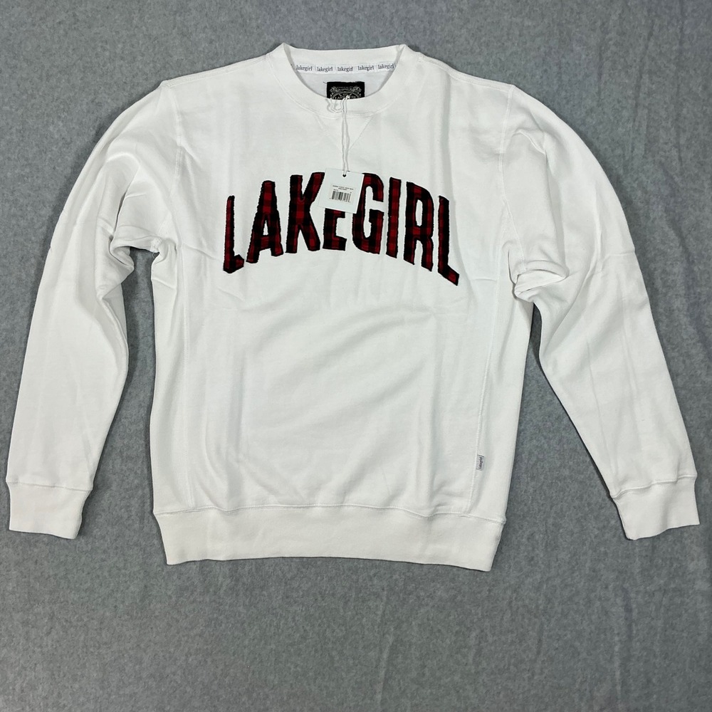Lakegirl Sanded Fleece Crew Neck Sweatshirt White Buffalo Plaid Applique Medium